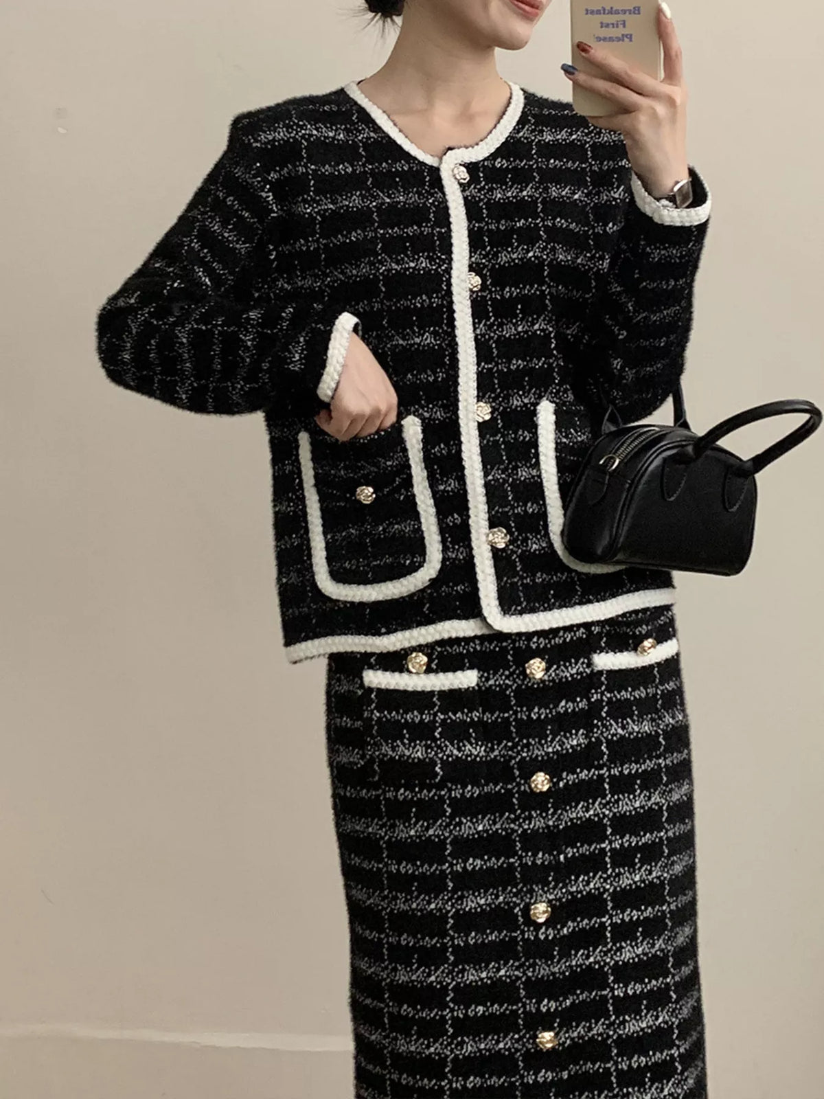 Tweed Contrast Trim Jacket and Skirt Set in Black - Blossom's