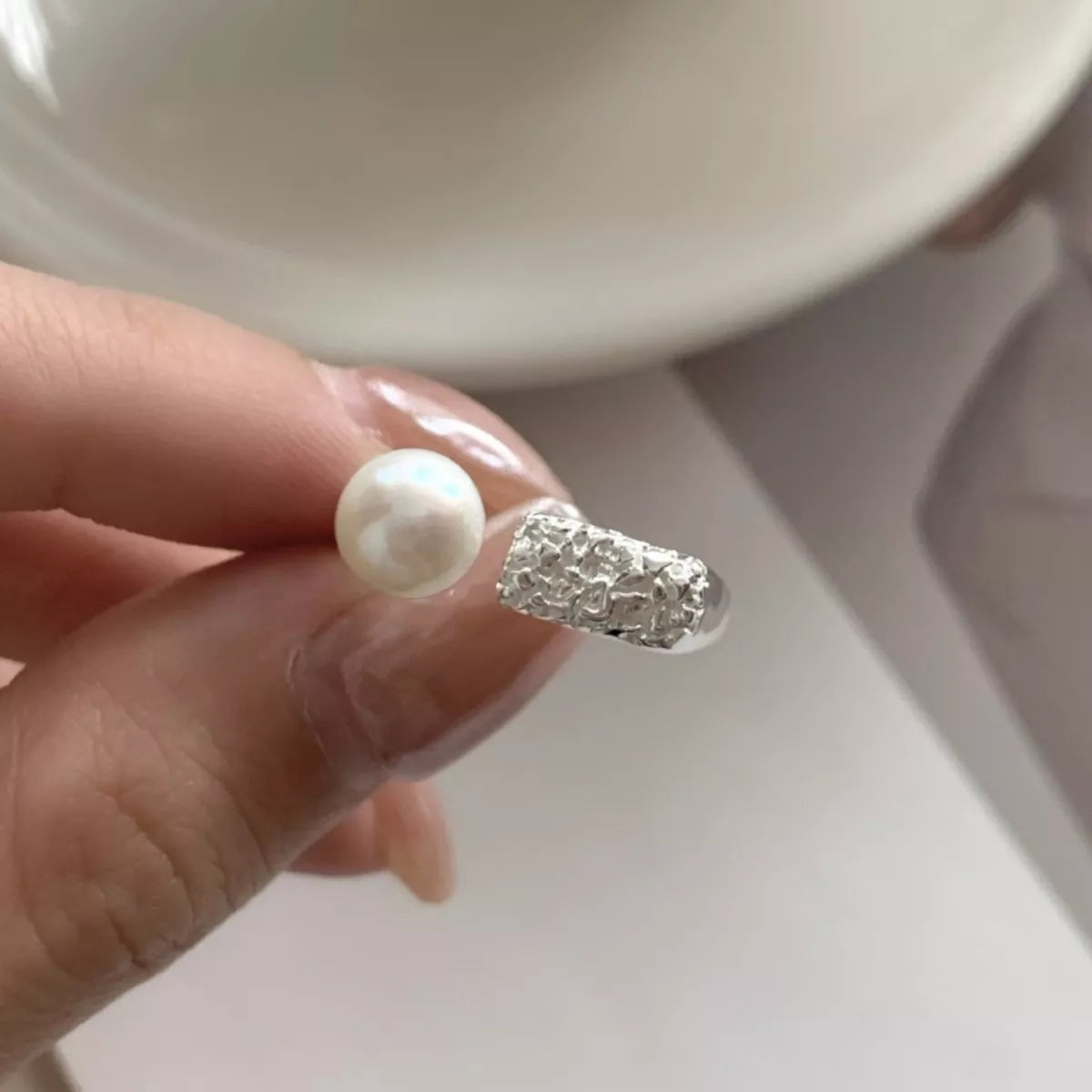Pearl Sterling Silver Open Ring - alternate ring view