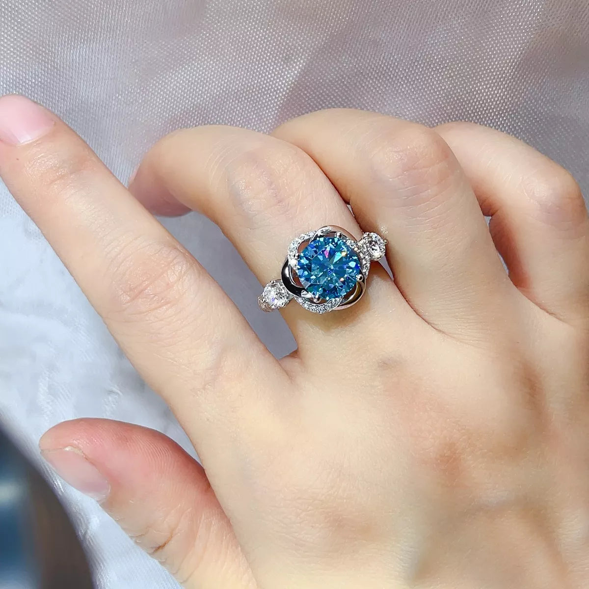 3 Carat Sterling Silver Moissanite Ring in Blue - women's ring