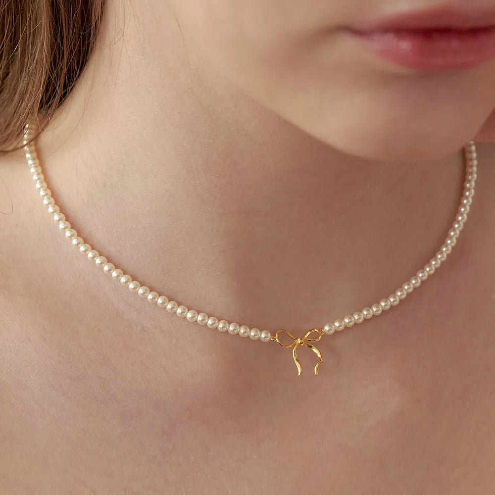 Copper Pearls Bow Necklace - alternate necklace view