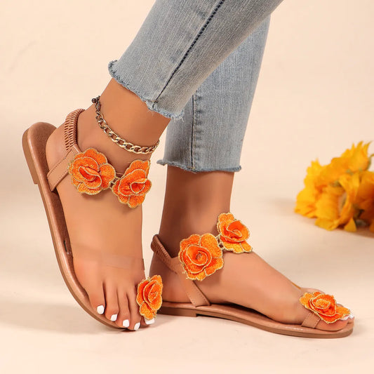 Flower Toe Loop Flats Sandals in Red - women's flat sandals