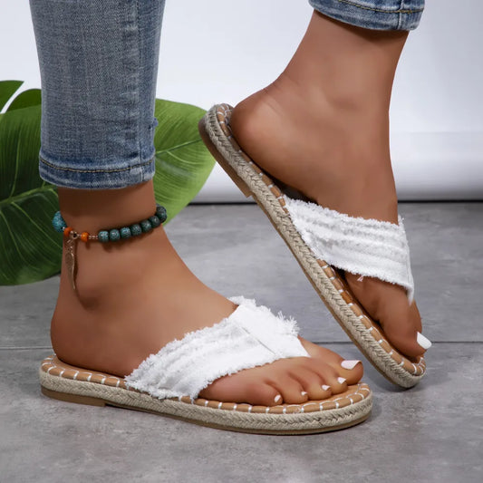 Toe-Post Raw Hem Flat Sandals in White - women's thong sandals