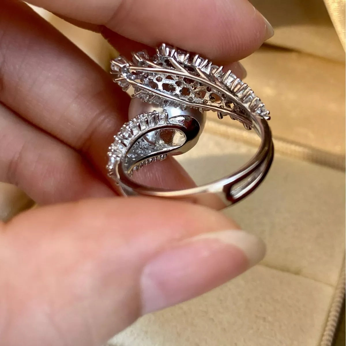 Sterling Silver Pearl Bypass Ring - alternate ring view