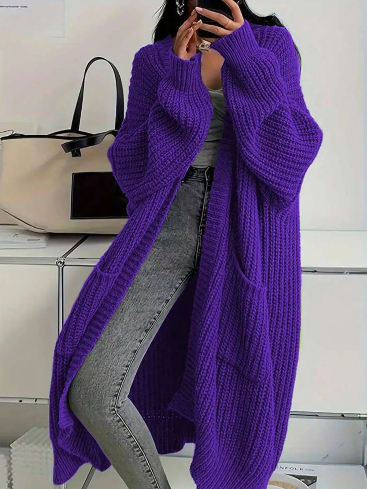 Chunky-Knit Openwork Front Longline Cardigan in Light Blue - women's cardigan