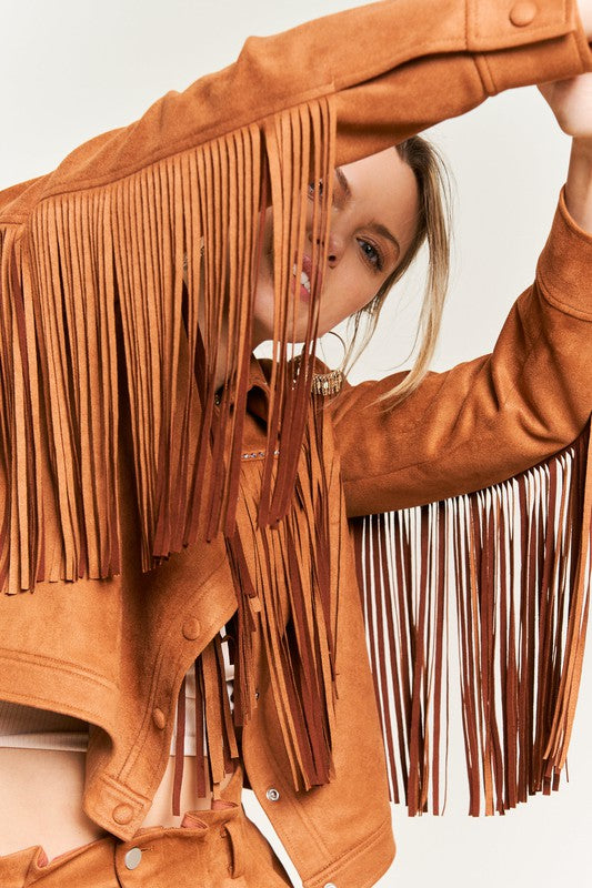 Women’s suede studded fringe jacket in soft faux suede with classic collar, relaxed fit, button front closure, and Western-inspired fringe detail.