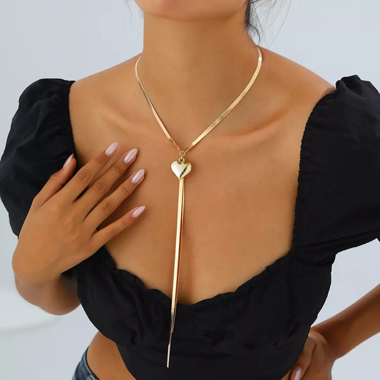 Gold-Tone Herringbone Chain Necklace with Heart Pendant Lariat Design in Gold - women's pendant necklace