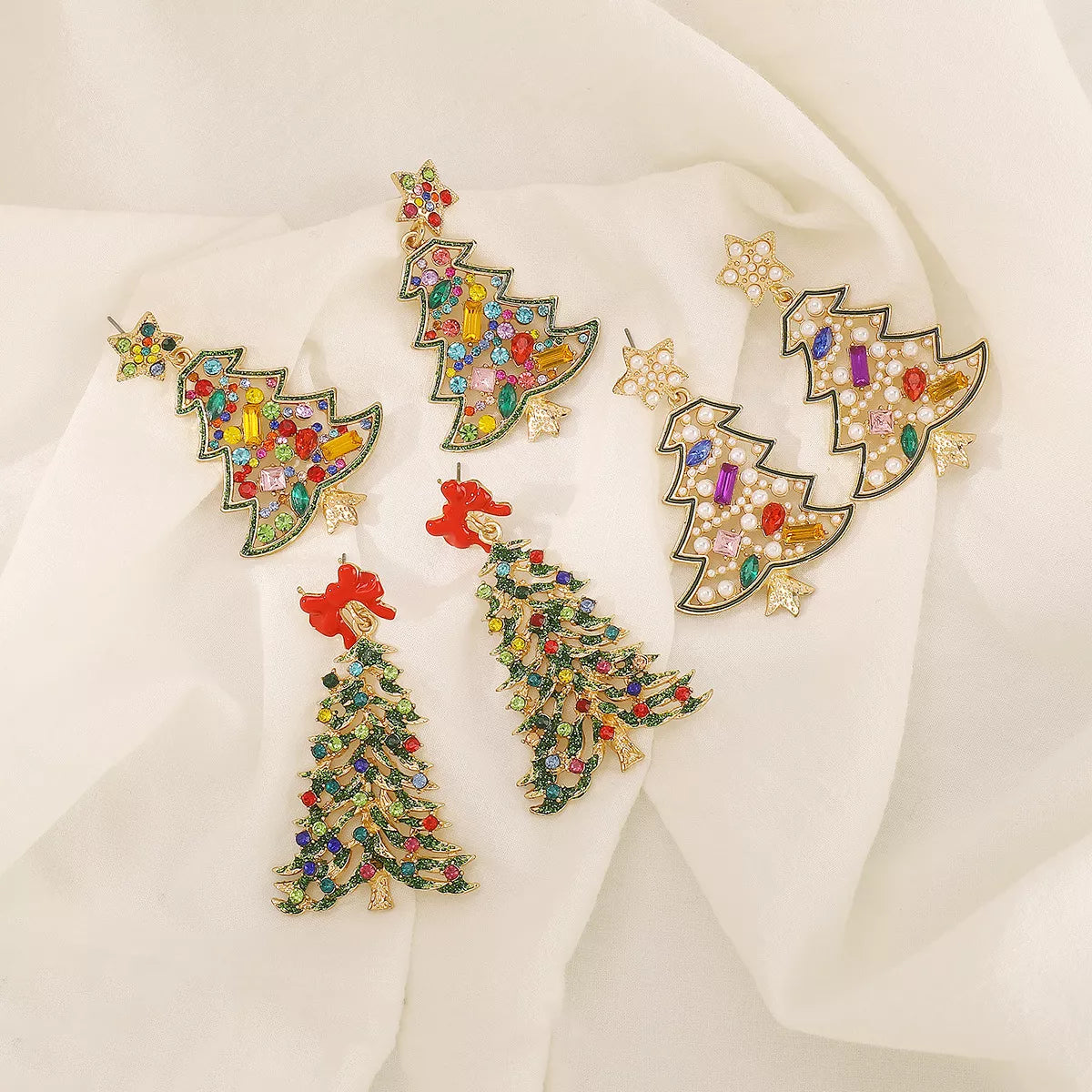 Christmas Tree Dangle Earrings in White Stars - women's dangle earrings