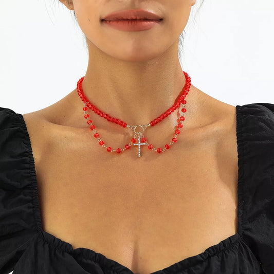Halloween Beaded Cross Pendant Necklace in Red - women's pendant necklace