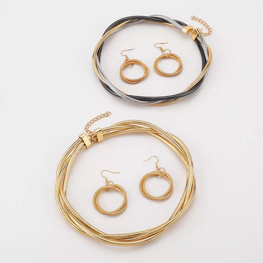 Multi-Layered Earrings and Necklace Set in Silver - women's layered necklace