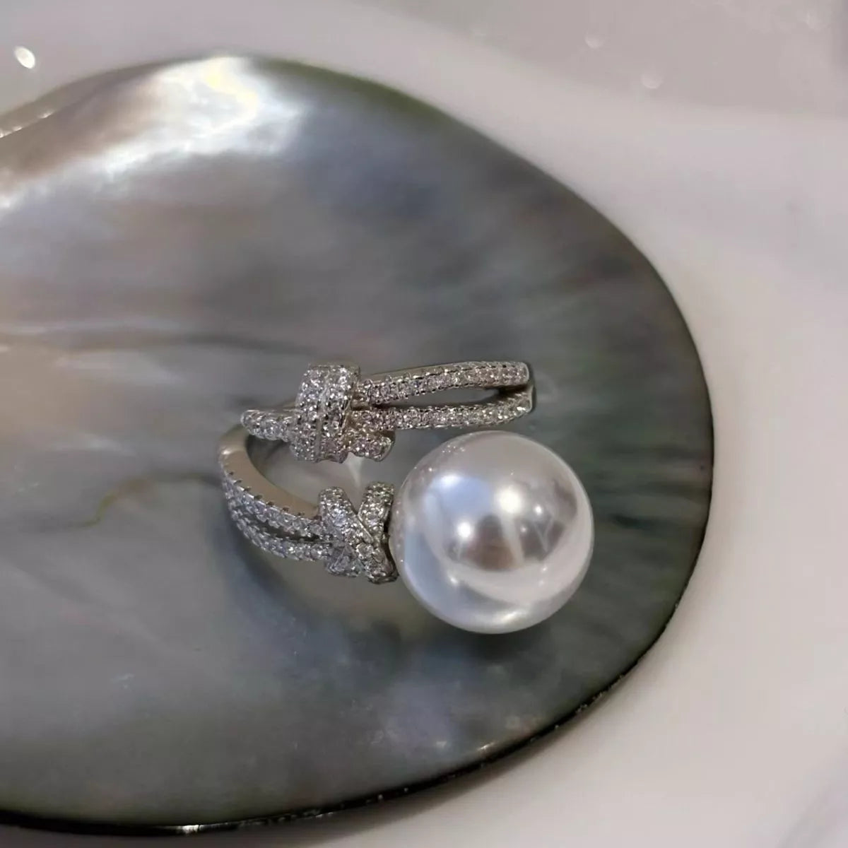 Pearl Zircon Bypass Ring - alternate ring view