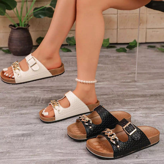 Woven Open-Toe Sandals in Beige - women's flat sandals