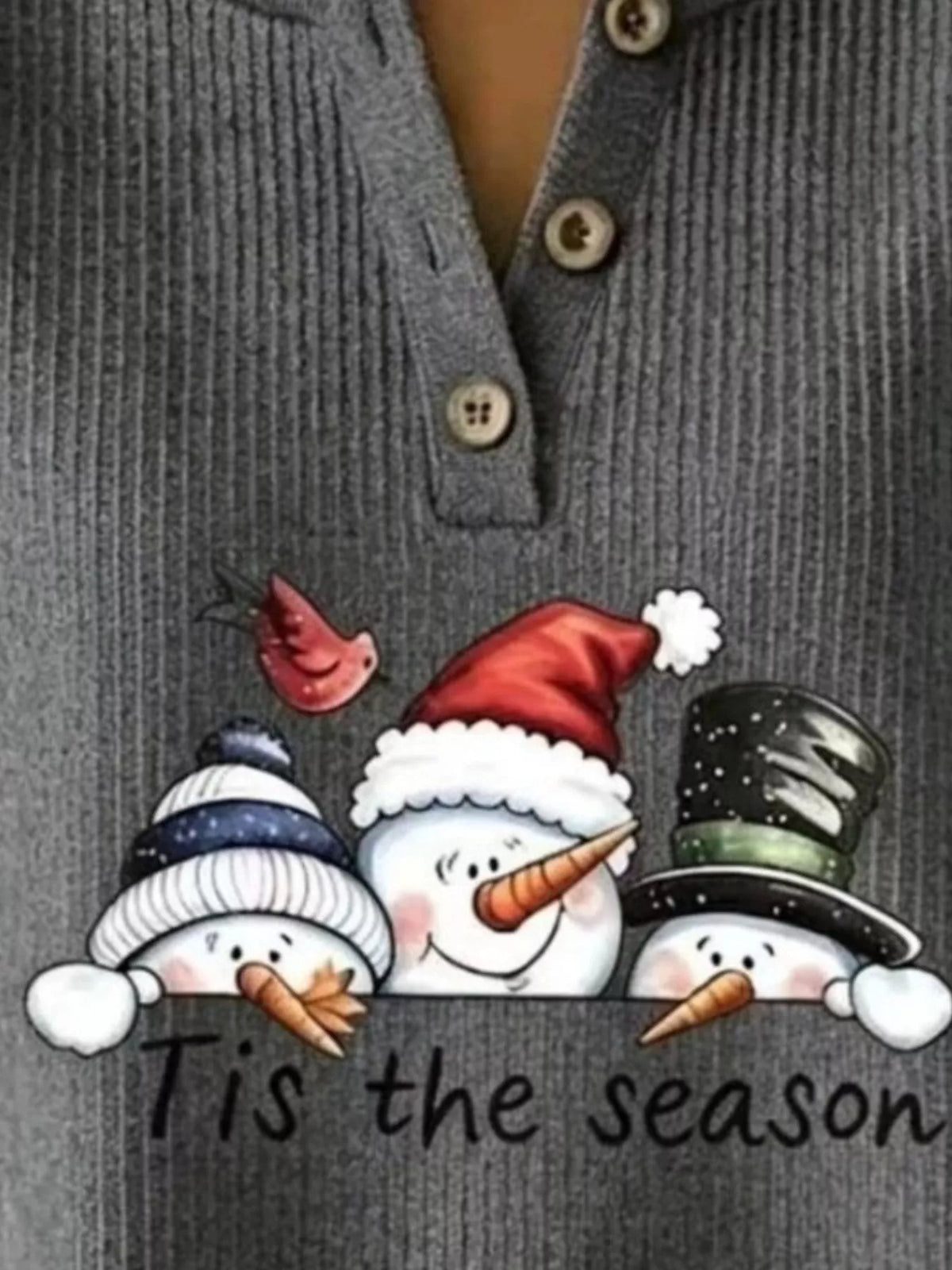 Christmas Themed Snowman Graphic Ribbed Henley Sweatshirt in Scarlet - women's sweatshirt