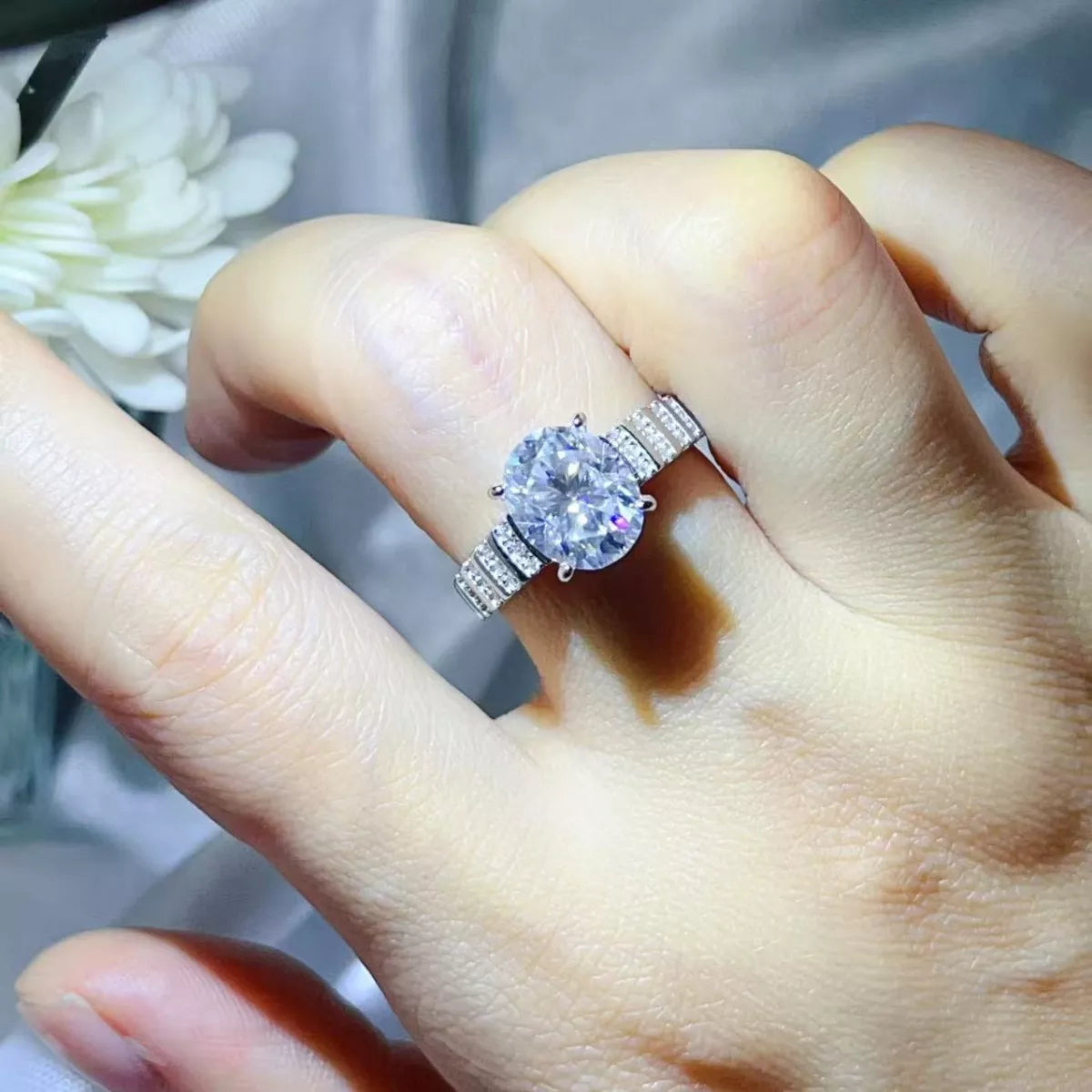 3 Carat Moissanite Oval Sterling Silver Ring in Silver - women's ring