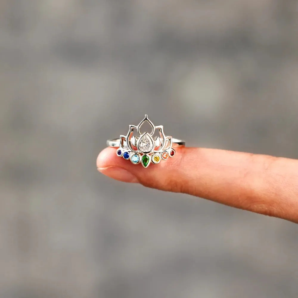 Sterling Silver Inlaid Zircon Lotus Shape Ring in Silver - women's ring