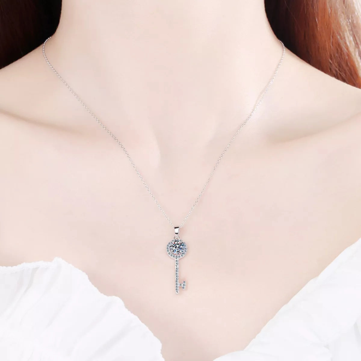 1 Carat Sterling Silver Moissanite Key Pendant Necklace - alternate necklace view