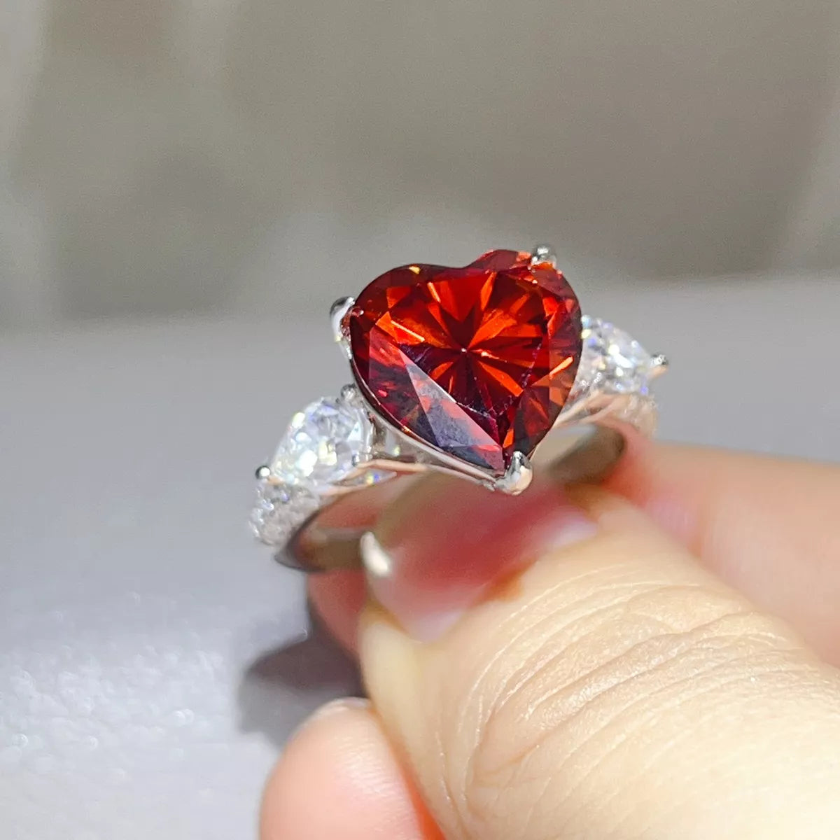 6 Carat Sterling Silver Moissanite Heart Ring in Deep Red - women's ring