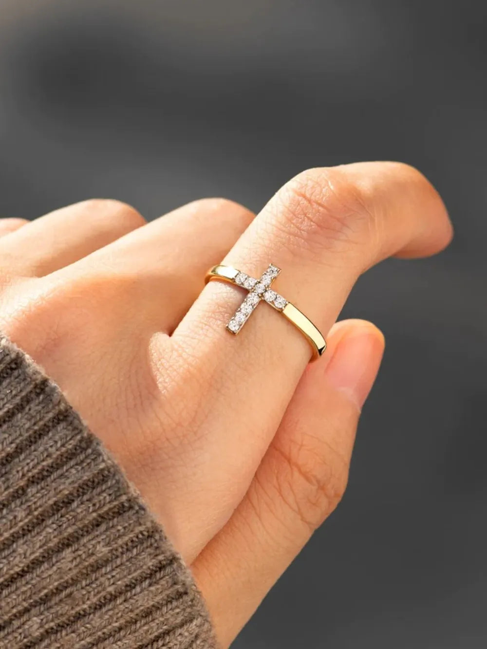 Sterling Silver Inlaid Zircon Cross Ring in Gold - women's ring