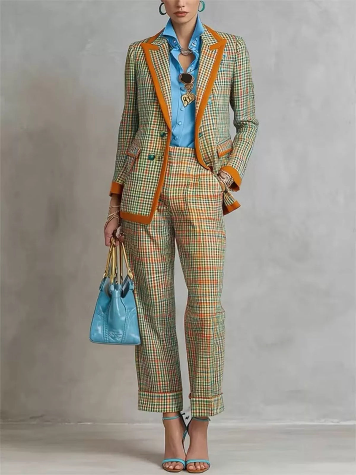 Plaid Blazer and Pants Suit Set in Green - Blossom's