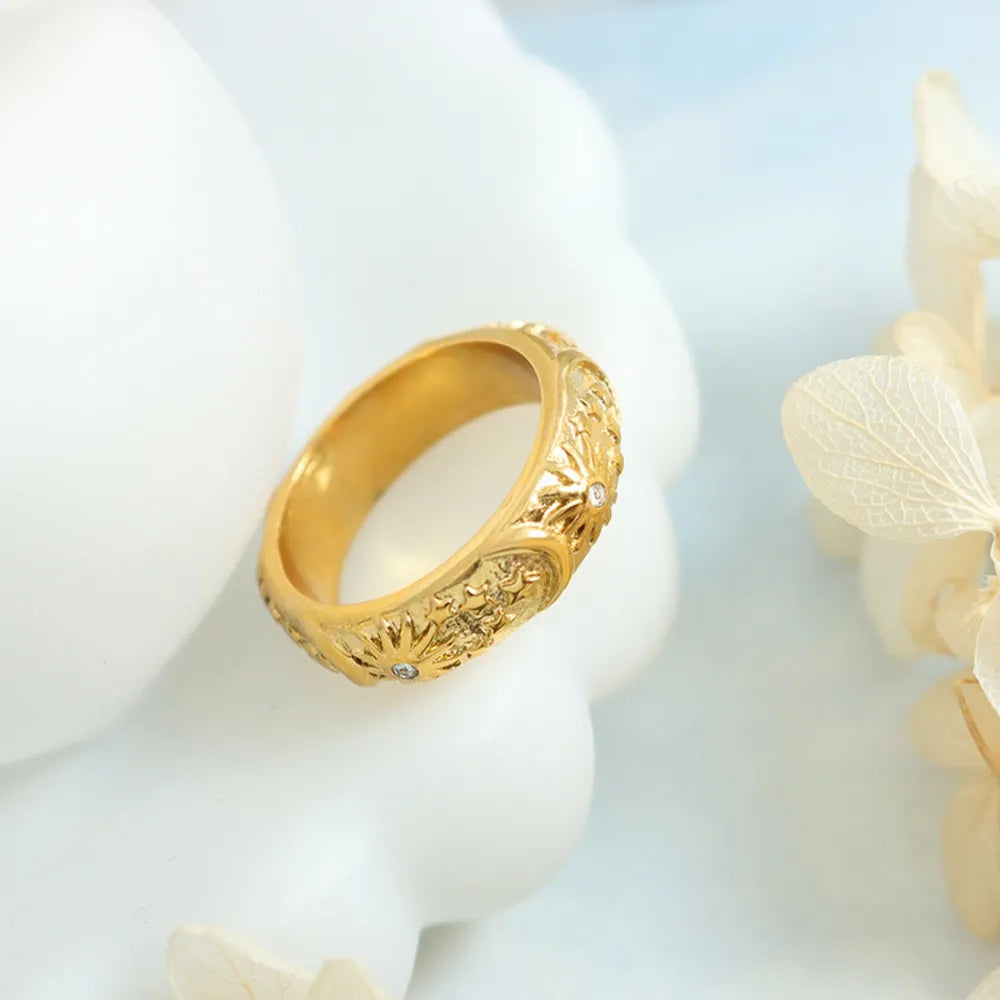 Titanium Steel Inlaid Zircon Embossed Ring in Gold - women's ring