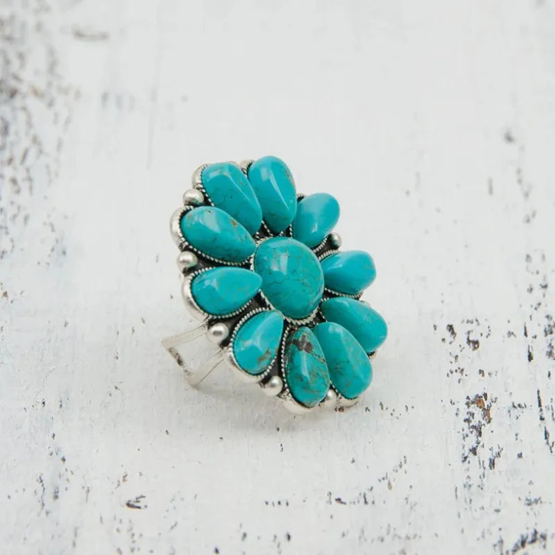 Artificial Turquoise Alloy Flower Ring - alternate ring view