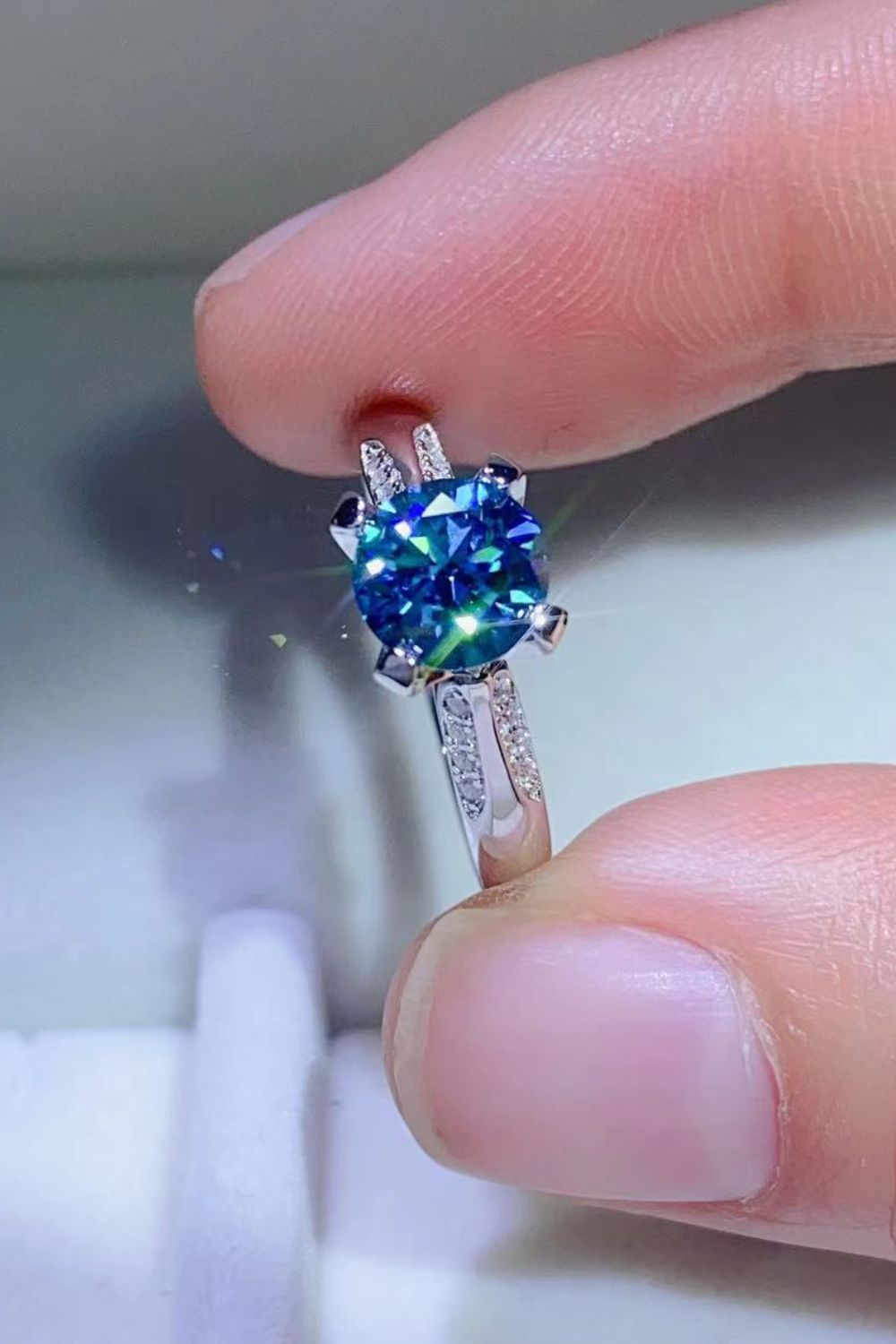 1 Carat Moissanite 4-Prong Ring in Sky Blue - women's ring