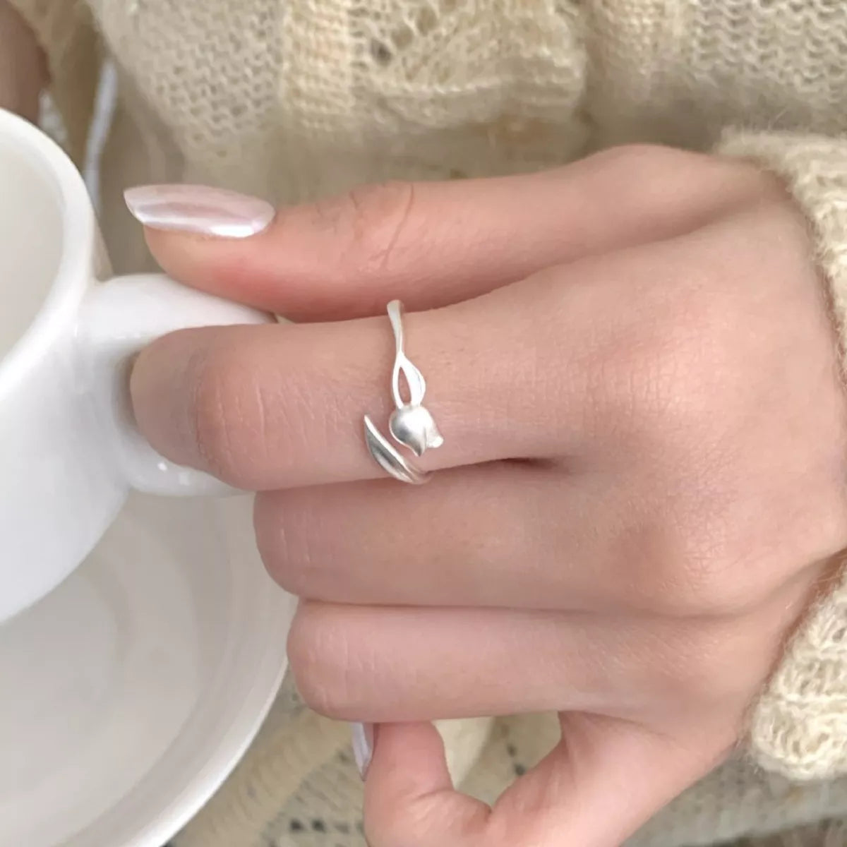 Sterling Silver Flower Bypass Ring - alternate ring view
