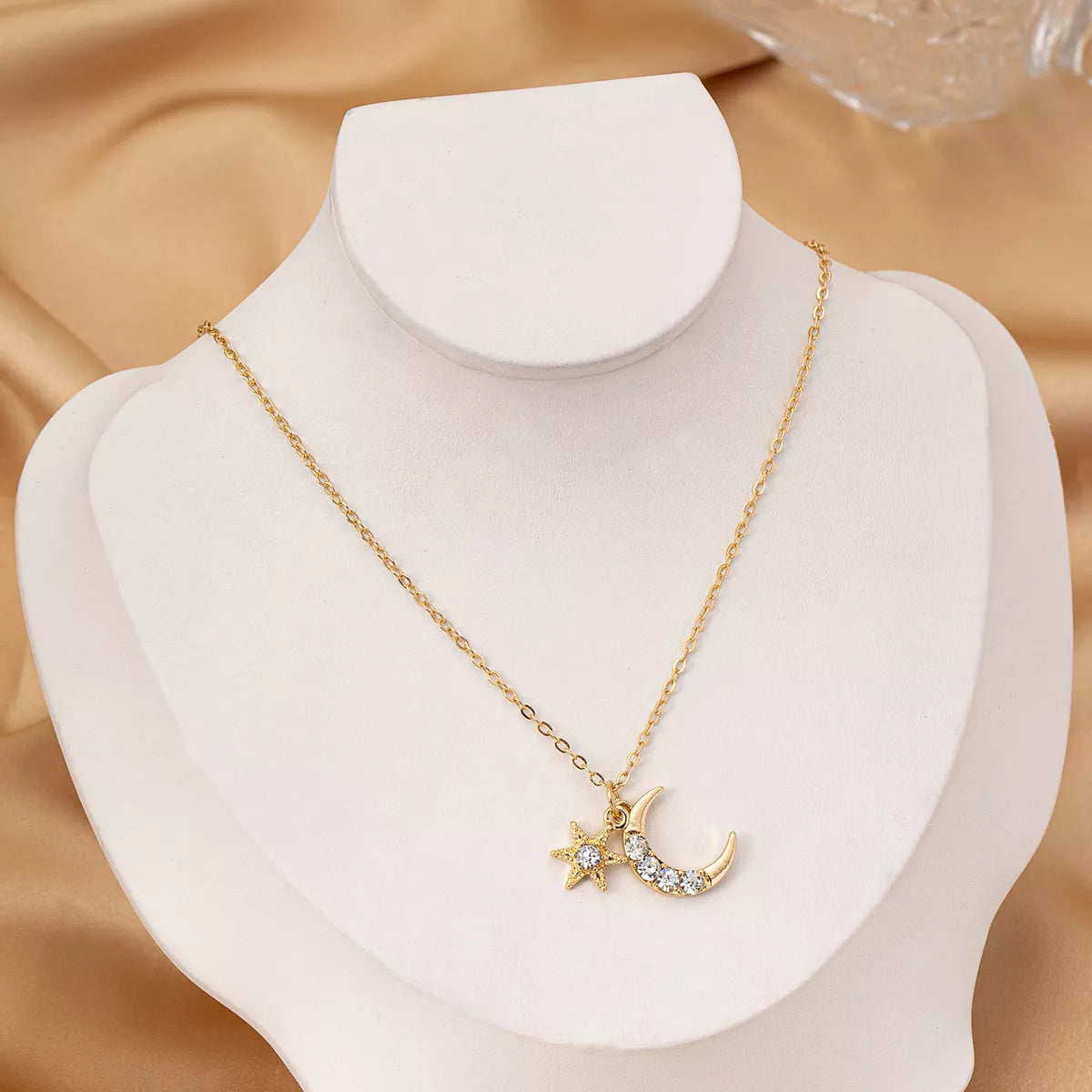 18K Gold-Plated Rhinestone Star & Moon Necklace - alternate necklace view