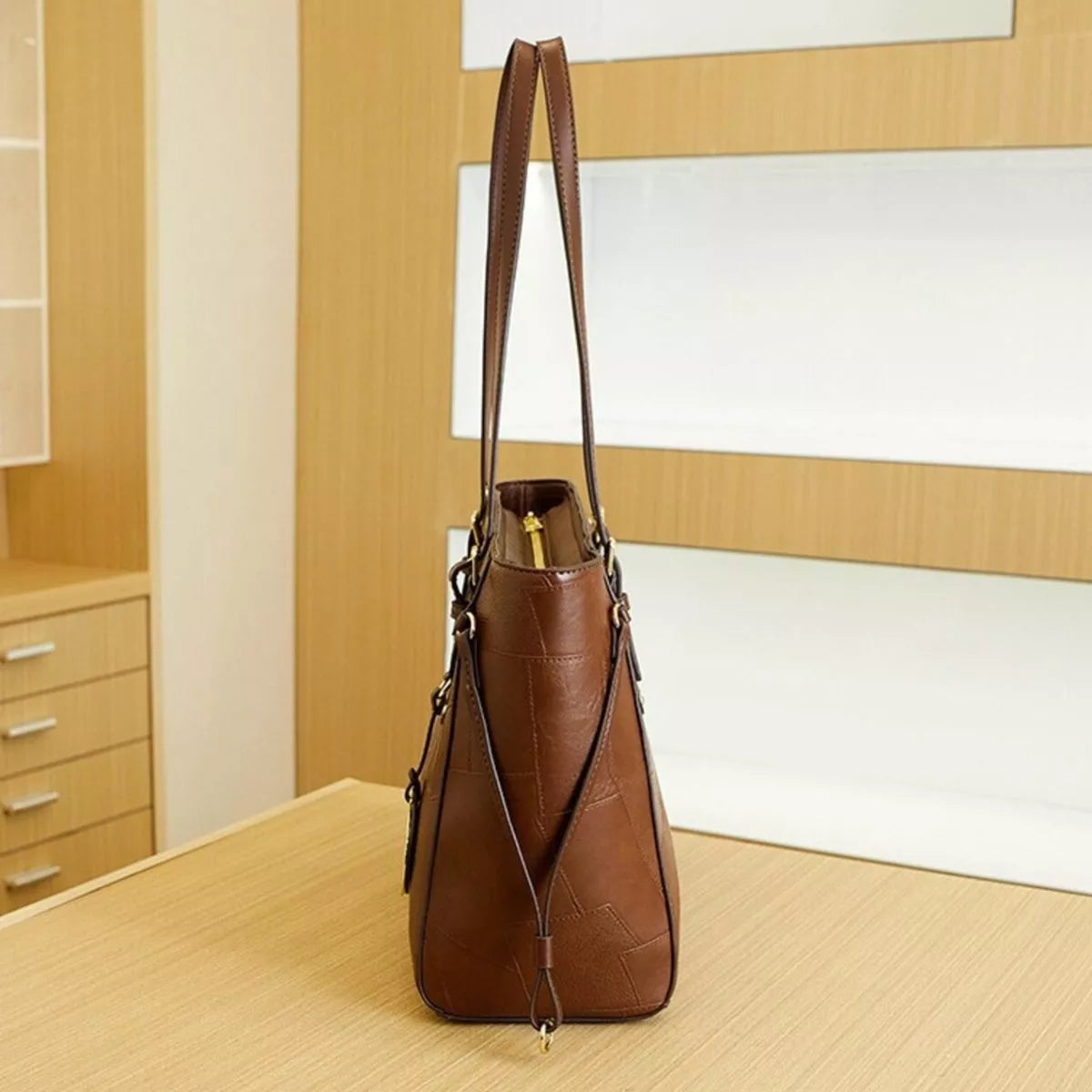 Patchwork Leather Tote Bag with Gold Logo Charm - alternate product view