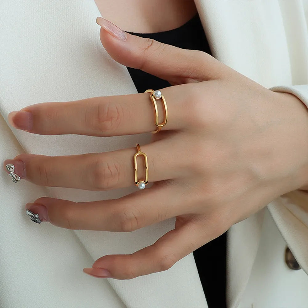Synthetic Pearl Titanium Steel Ring - alternate ring view