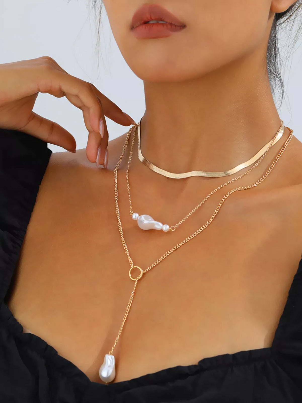 18K Gold-Plated Three Layered Pearl Necklace - alternate necklace view