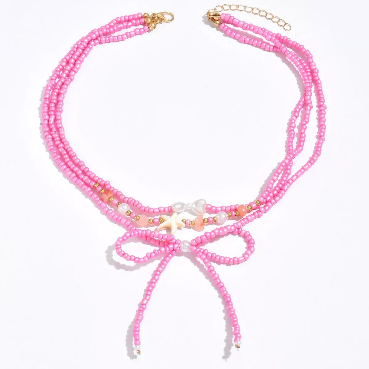 Beaded Three-Layered Necklace with Bow and Starfish Charms - alternate necklace view