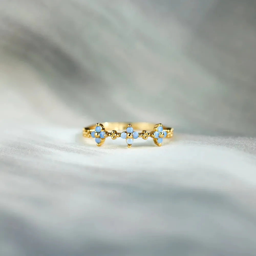 Sterling Silver Inlaid Zircon Flower Ring in Gold - women's ring