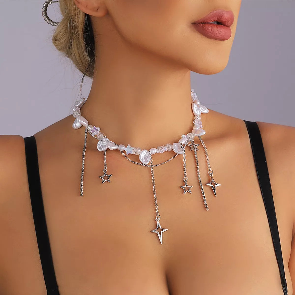 Bohemian Irregular Pearl Star Tassel Choker Necklace in Silver - women's choker necklace