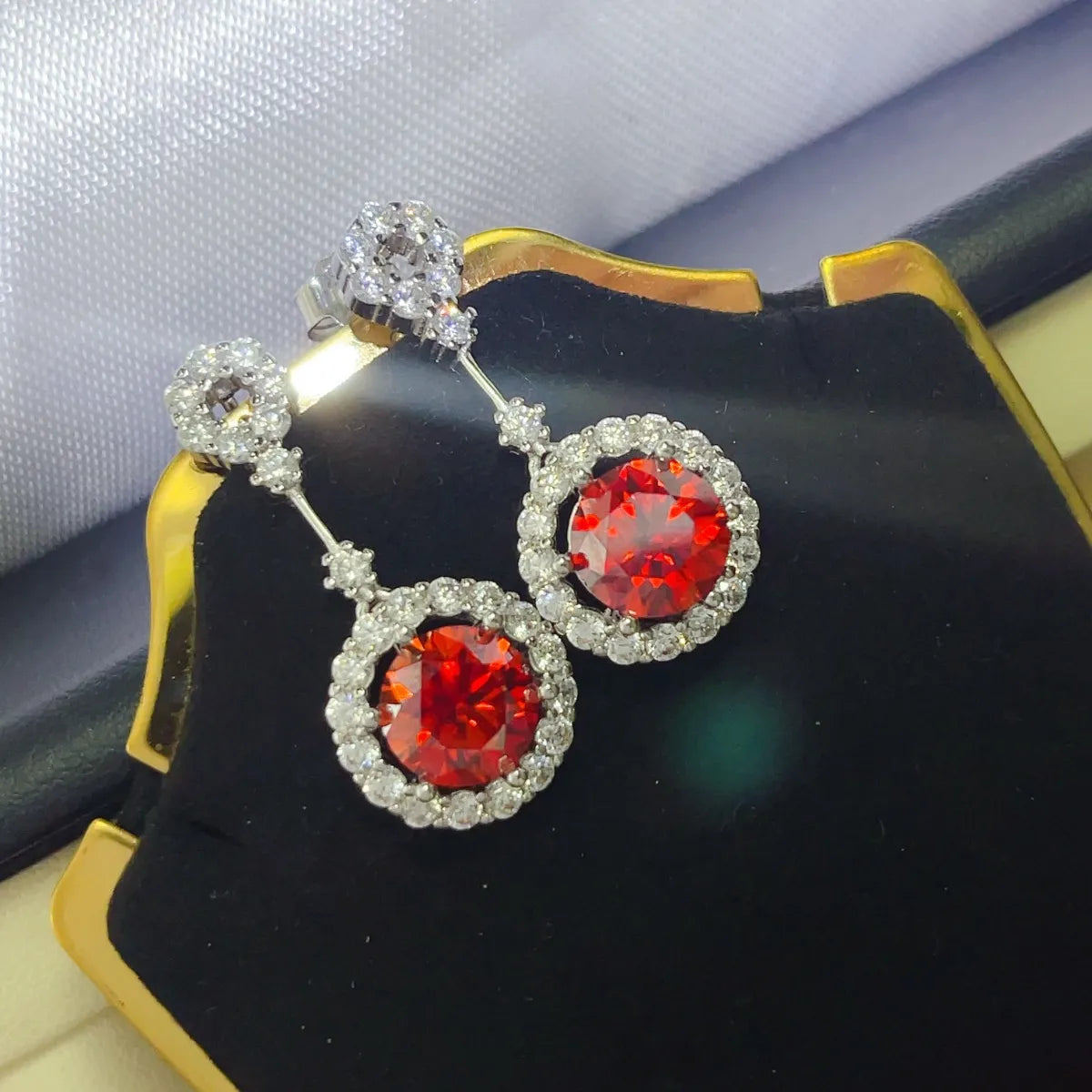 4 Carat Ruby Red Crystal Drop Earrings with Rhinestone Halo - alternate earring view