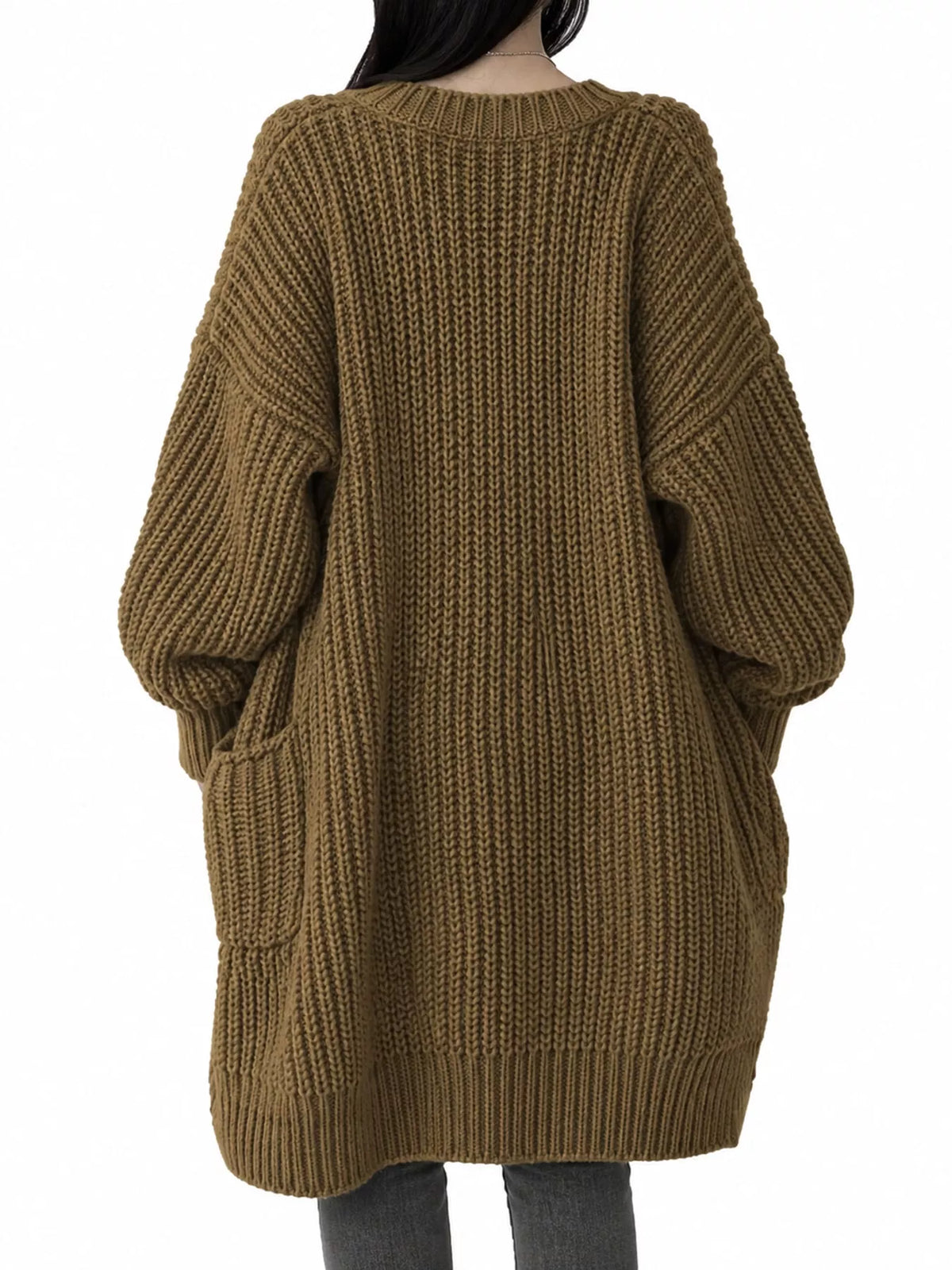 Chunky-Knit Openwork Front Longline Cardigan in Coffee - women's cardigan