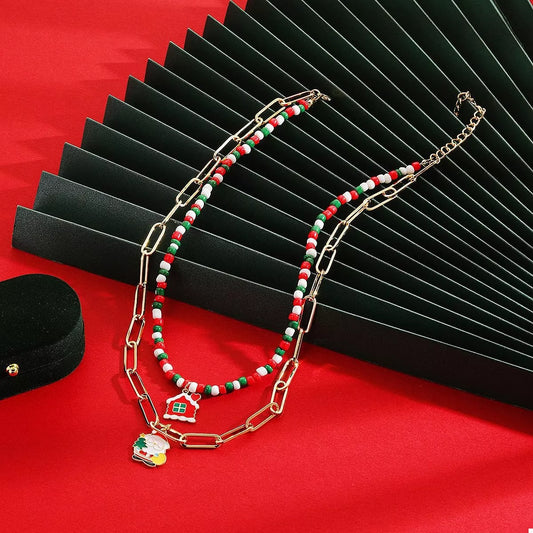 Christmas Double-Layer Necklace with Colorful Beads and Pendant in Red - women's pendant necklace