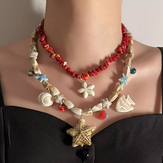 Boho Layered Multi-Strand Beach Shell Charm Necklace in Red - women's layered necklace