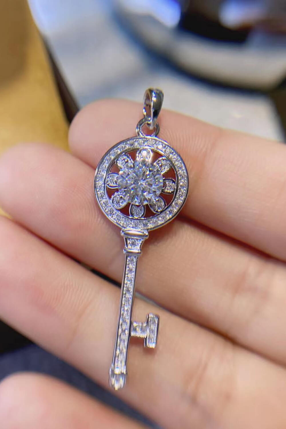 1 Carat Moissanite Platinum-Plated Key Pendant Necklace - alternate necklace view