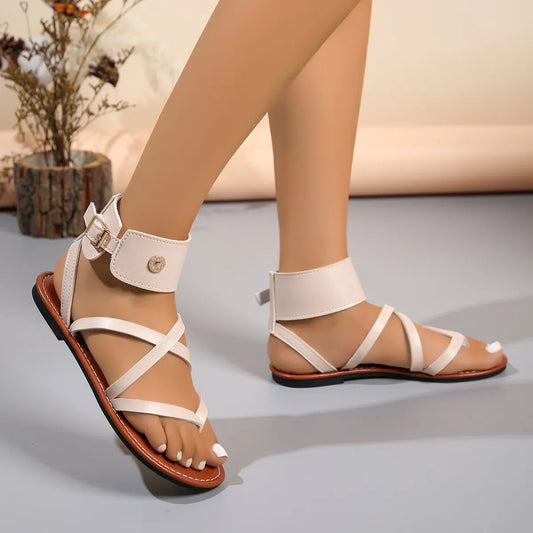 Toe-Post Crisscross Flat Sandals in Ivory - women's thong sandals