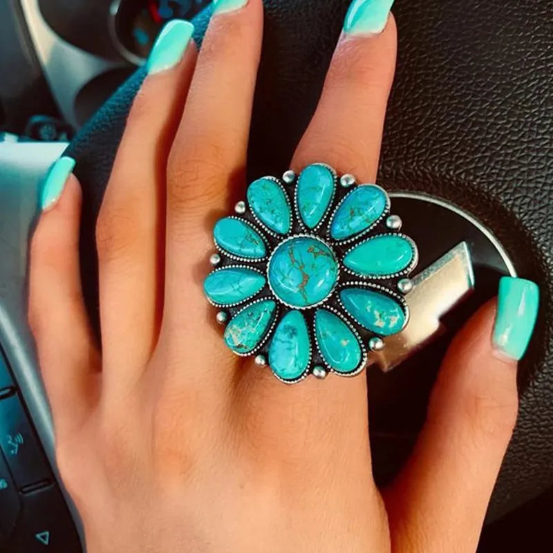 Artificial Turquoise Alloy Flower Ring in Turquoise - women's ring