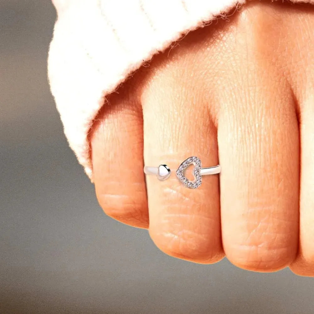 Sterling Silver Inlaid Zircon Heart Open Ring - alternate ring view