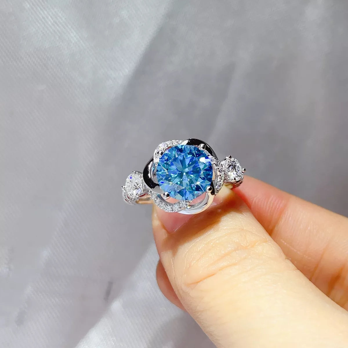 3 Carat Sterling Silver Moissanite Ring in Blue - women's ring