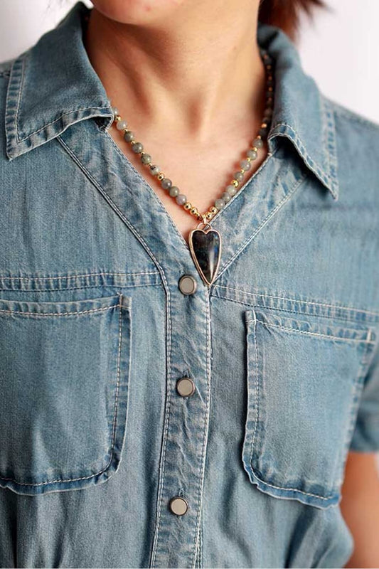 Natural Stone Pendant Beaded Necklace - alternate necklace view