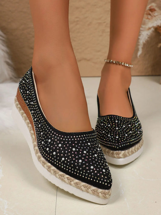 Rhinestone Pointed-Toe Wedge Slip-Ons in Black - women's heels