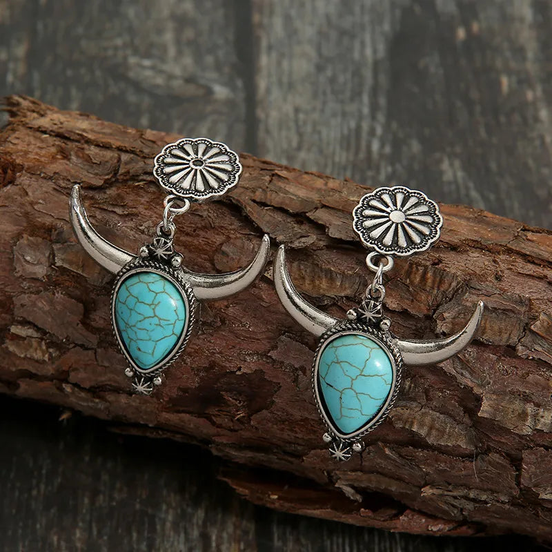Artificial Turquoise Alloy Cow Head Earrings - alternate earring view