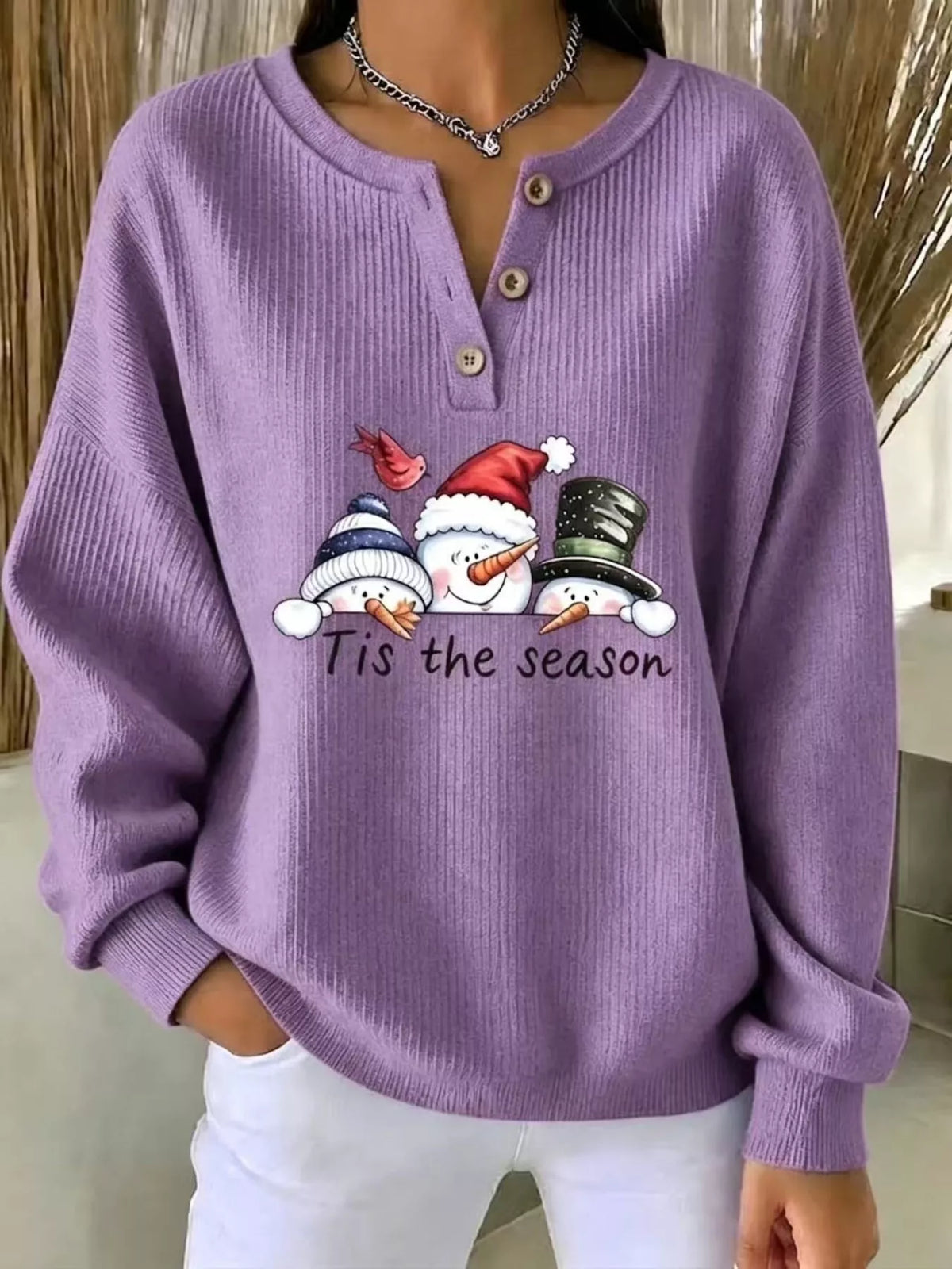 Christmas Themed Snowman Graphic Ribbed Henley Sweatshirt in Scarlet - women's sweatshirt