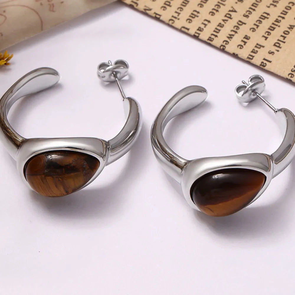 Stainless Steel Natural Tiger's Eye C-Hoop Earrings - alternate earring view