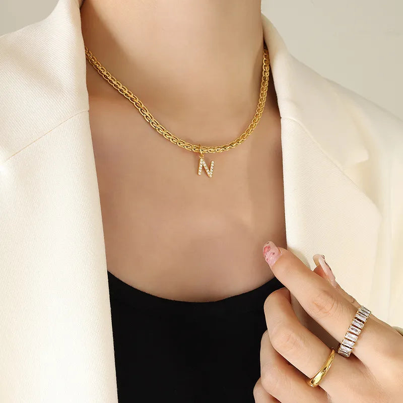Brass Inlaid Zircon Letter Pendant Necklace in Style N - women's pendant necklace