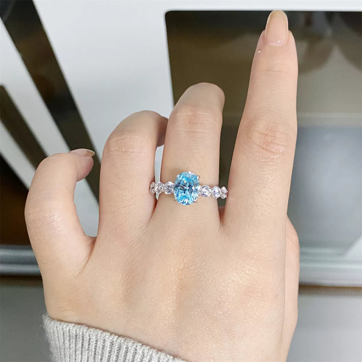 Sterling Silver Oval Ring in Pastel Blue - women's ring