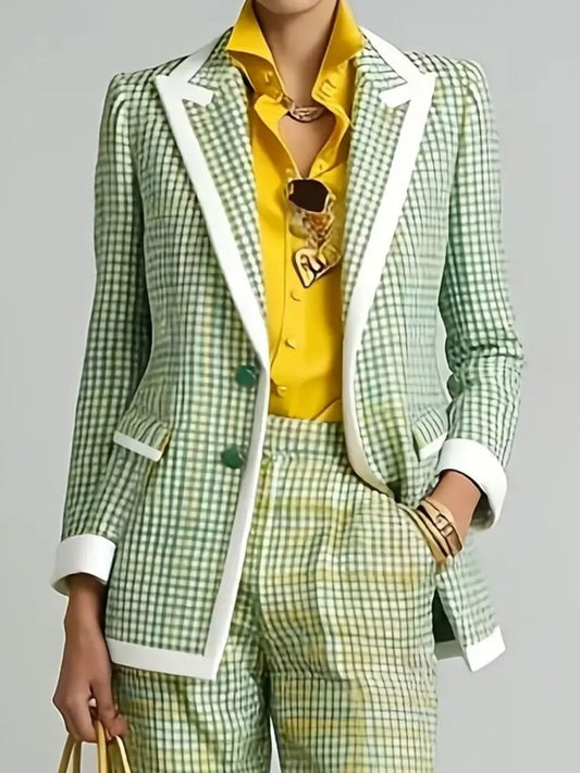 Plaid Blazer and Pants Suit Set in Green - Blossom's